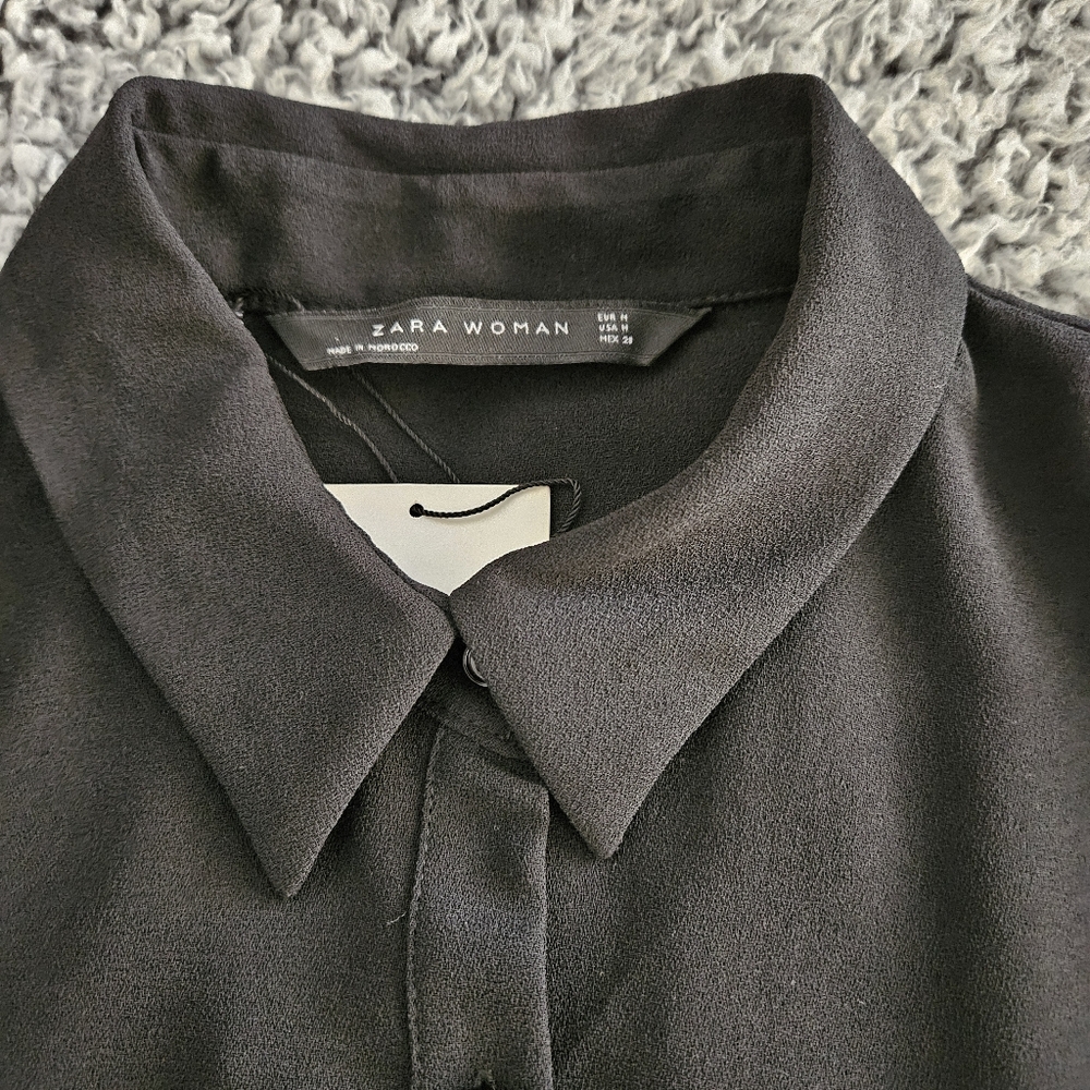 Zara Black Mini Shirt Dress Medium M 3/4 Long Sleeve A-Line Casual Minimalist - Picture 6 of 14